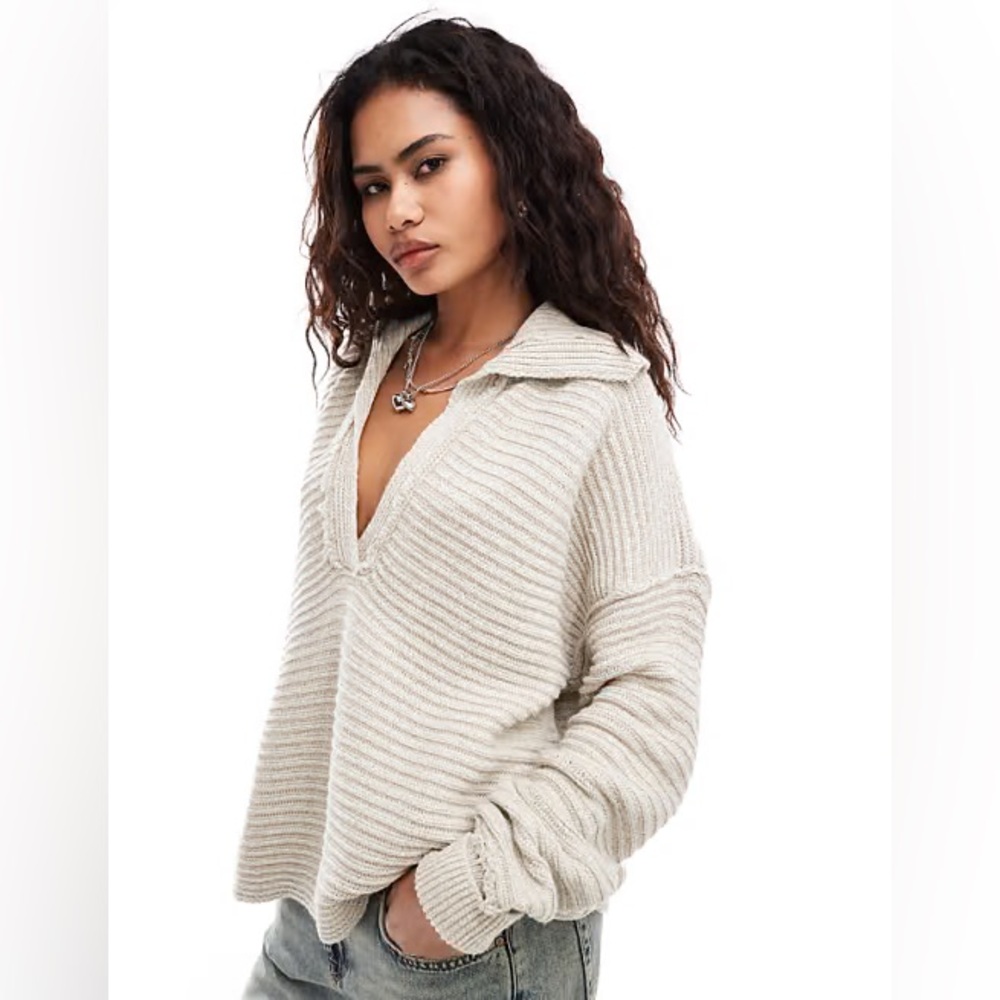 ✨HOST PICK✨ Free People Marlie beige Knit Deep Ribbed Pullover Sweater Medium - Picture 3 of 10